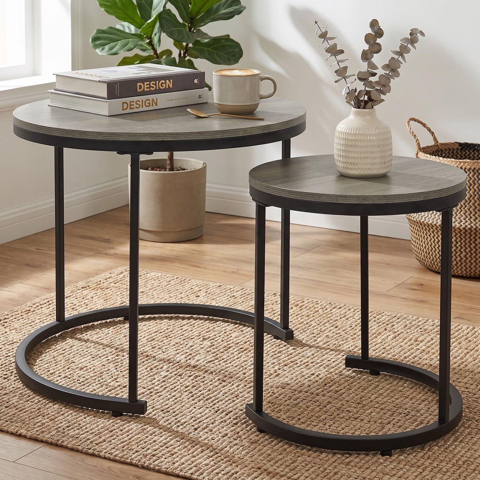 Furnibear Set of 2 Modern Round Nesting Coffee Tables, Stackable Space-Saving Side End Tables with Powder-Coated Steel Frame for Living Room Bedroom, Oak