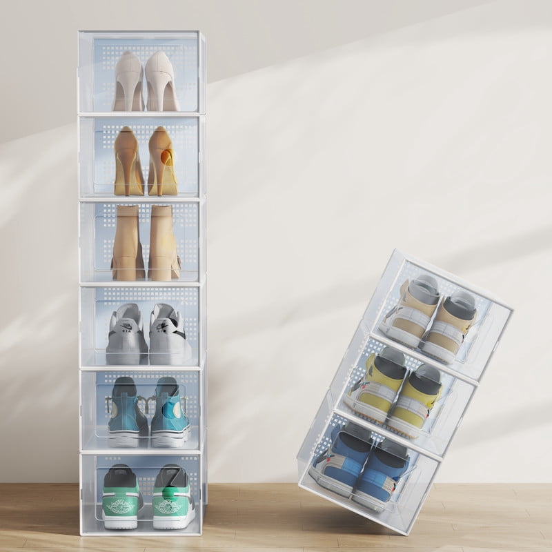 Gianna 12 Pack Stackable Shoe Box , Plastic Storage Organizer for Closet Hallway Bedroom, Holds Shoes up to US Size 9，White