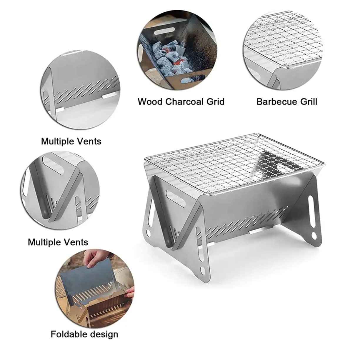 Portable Folding BBQ Grill Stainless Steel Wood-Burning Camping Stove Mini Charcoal Grill Outdoor Camping BBQ Equipment