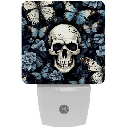 

Plug-in Night Lights Set Of 2 Skull with Butterflies Aesthetic Pattern Automatic Dusk-To-Dawn Sensor LED Nightlights Home Decorative Lamp For Kids Teens Girls Boys Adults
