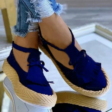 

NEGJ Womens Bowknot Tassel Round Toe Flat Pumps Thick Bottom Buckle Casual Shoes