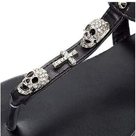 

Womens Skull Gladiator Sandals Flat Thong Sandals Back Zip Up Size 4.5