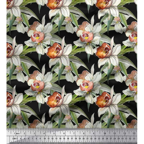 Soimoi Black Cotton Duck Fabric Leaves & Daffodil Floral Print Fabric by the Yard 42 Inch Wide