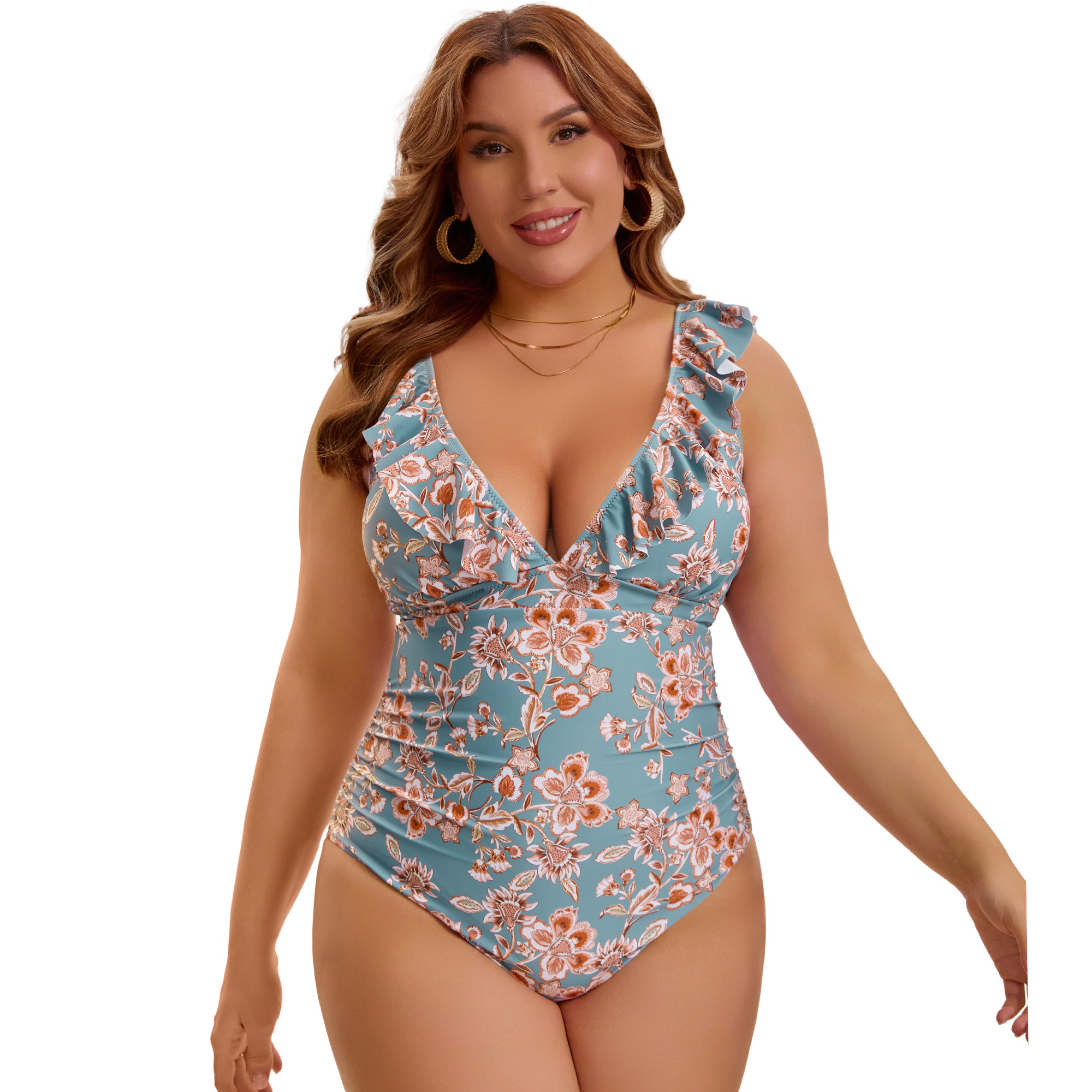 DARING DIVA Women's Plus Swimsuit Ruffled V Neck Tummy Control Bathing Suit L Sage Green