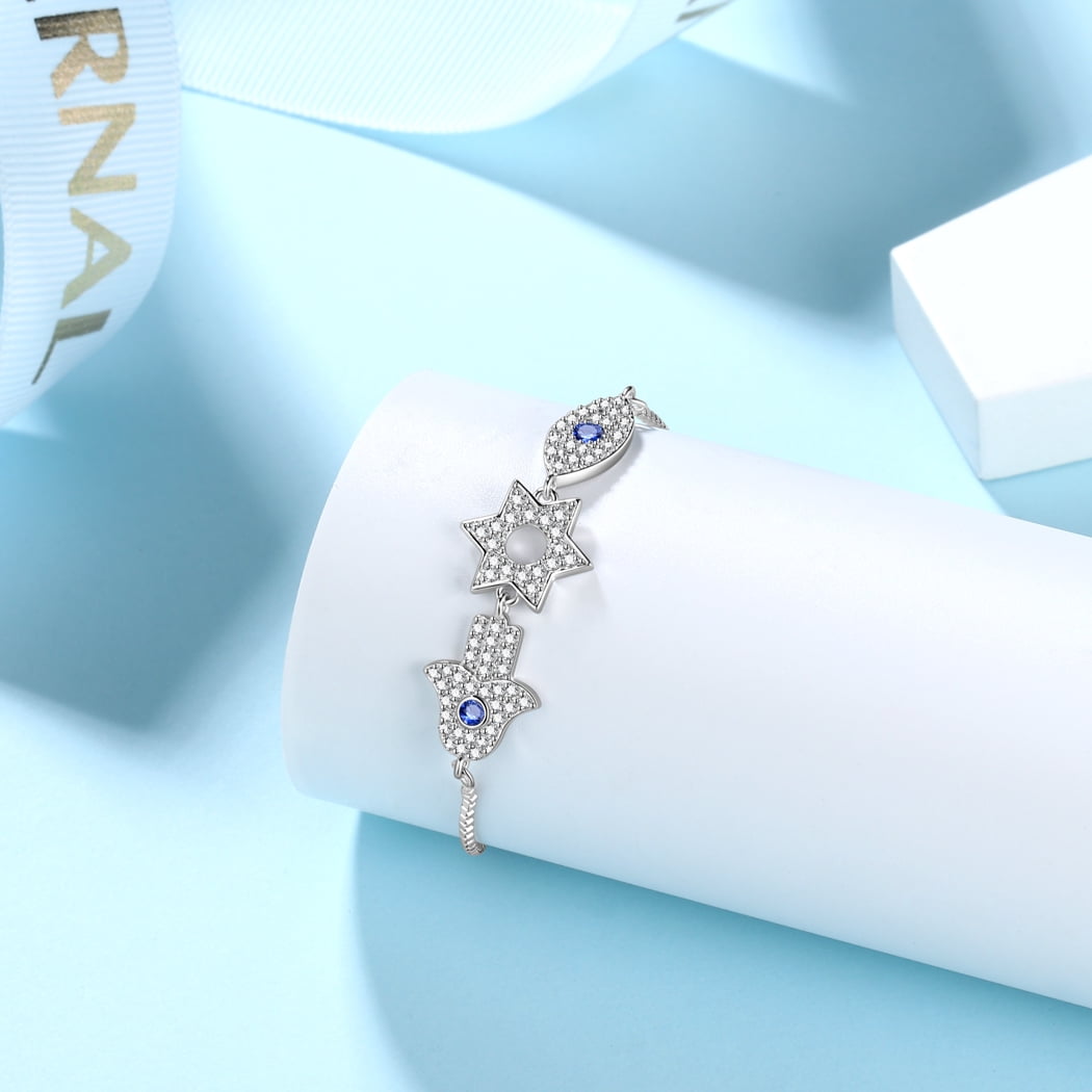 Blue Evil Eye Bracelets 925 Sterling Silver Hamsa Fatima Hand Charm Stars of David Bracelet Protection Amulet Jewelry Gift for Women