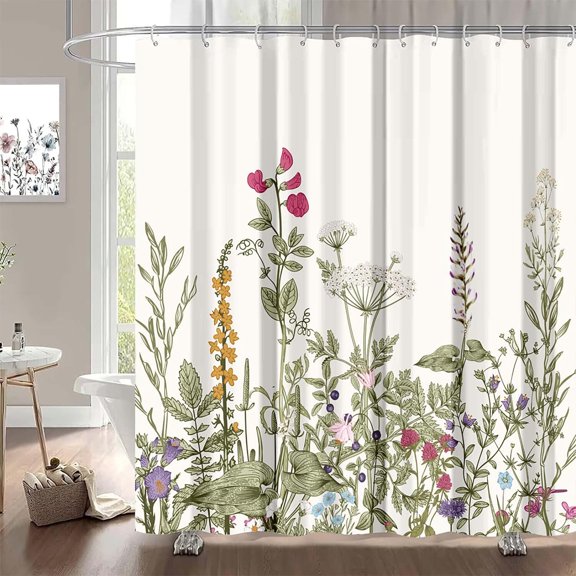 Thick Fabric Wildflower Shower Curtain 72 x 72 Inch for Bathroom, Sage Green Plant Botanical Vintage Floral Shower Curtain Set, Flower Bathroom Curtain with 12 Hooks