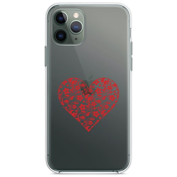 DistinctInk Clear Shockproof Hybrid Case for iPhone 11 (6.1" Screen) - TPU Bumper Acrylic Back Tempered Glass Screen Protector - Clear Red Floral Heart