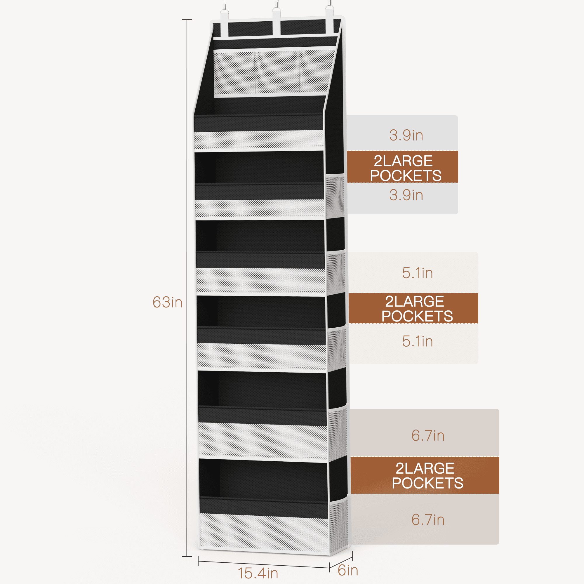 Criusia 6-Shelf Fabric Over the Door Organizer, Thickened non-woven fabric Closet Hanging Storage, 3 Pcs upgrade hooks, 55lbs Capacity, Black