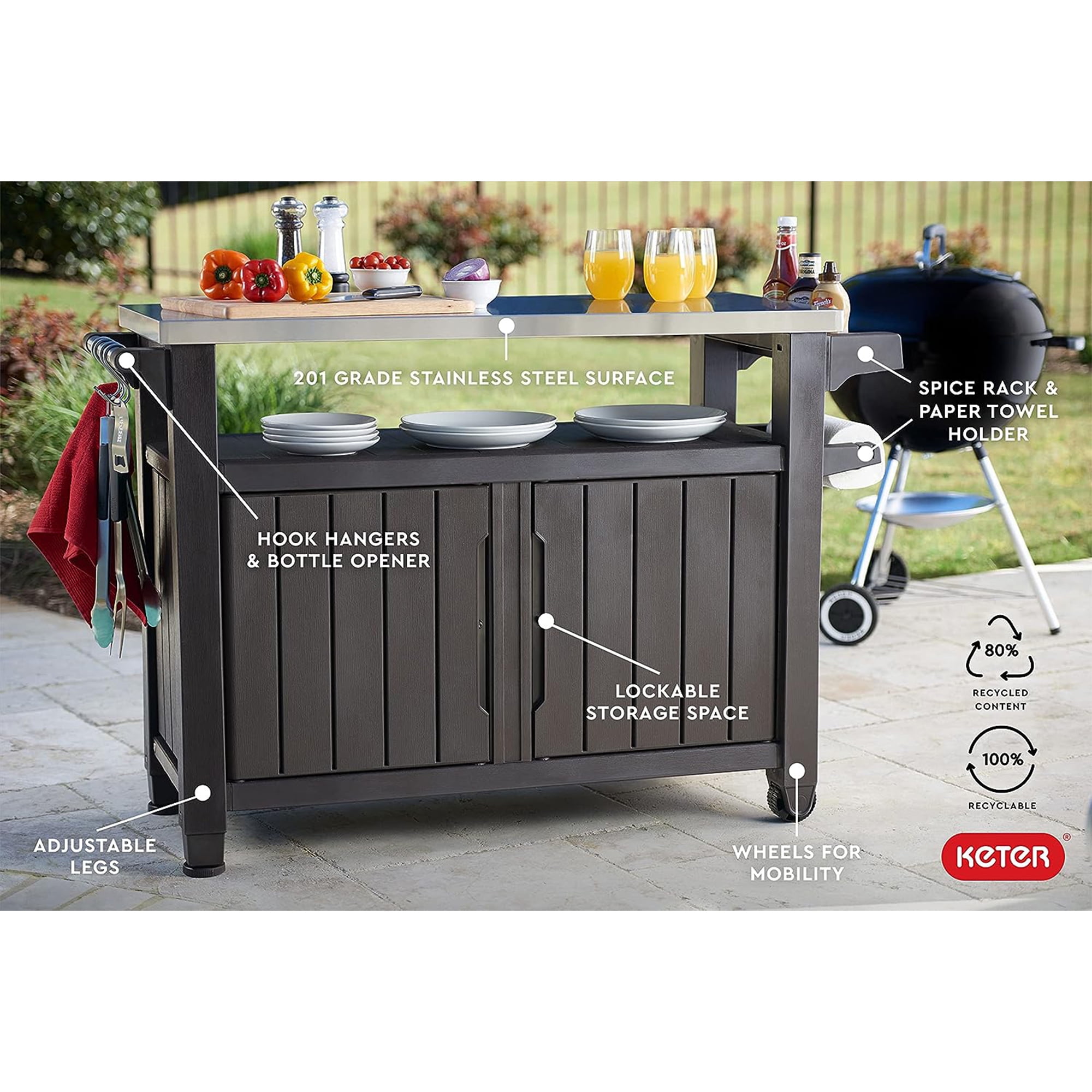 Keter Unity XL Outdoor Kitchen Bar Rolling Cart with Storage Cabinet, Brown