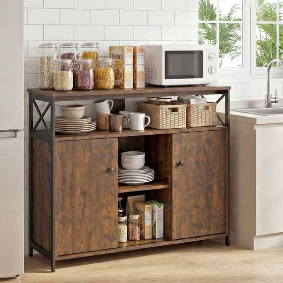 Manxile Industrial Kitchen Buffet Cabinet, Coffee Bar Storage Cabinet, Sideboard with 2 Sliding Barn Doors, Rustic Brown