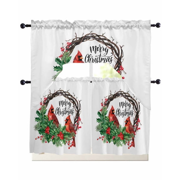 Christmas Cardinal Birds Swag Kitchen Curtains Sets for Windows 24 Inch Length, Xmas Holly Leaves Branch Red berries Short Window Curtain Swags Valances and Tiers 3 Piece Set for Cafe/Dining Room