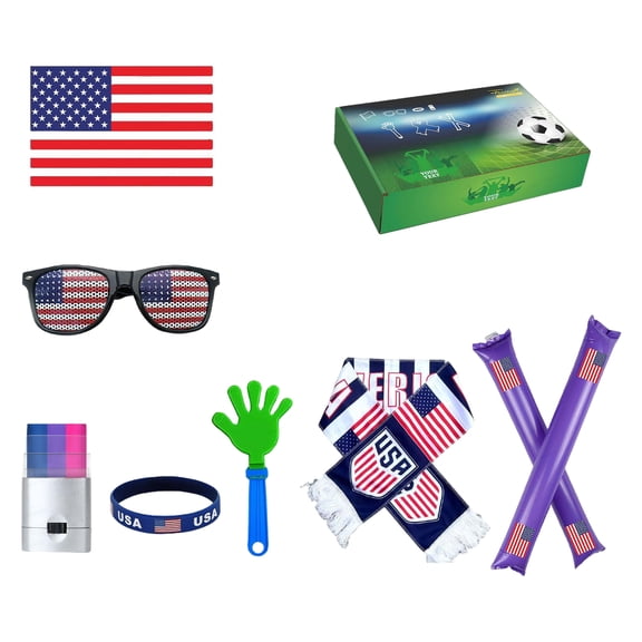 Yanxiao Soccer Fan Cheering Kit, USA National Team Game Day Set with Flag, Clapper, Wristband, Temporary Body Paint, Scarf, Sunglasses & 15 Inflatable Sticks, World Cup Sports Cheer Props