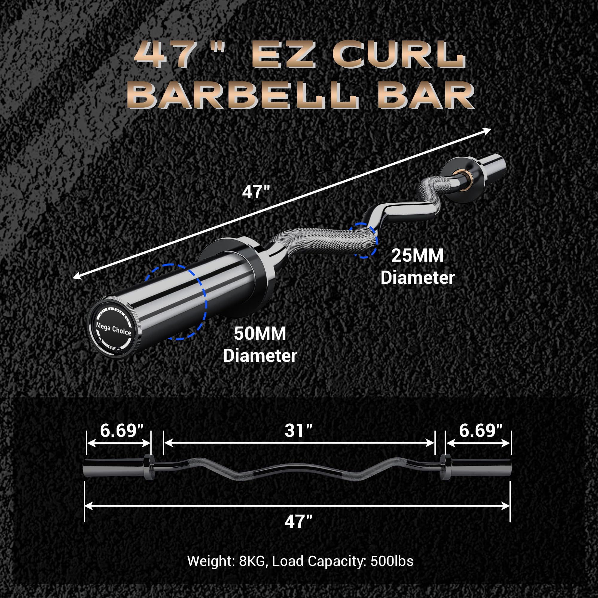 47" EZ Curl Barbell Bar, 500lb Capacity EZ Curl Bar for Weight Lifting, Biceps, triceps, Back/Leg Muscle Group exercise,Chrome Curling Bar Fit 2” Standard Weights - 2 Spring Collars