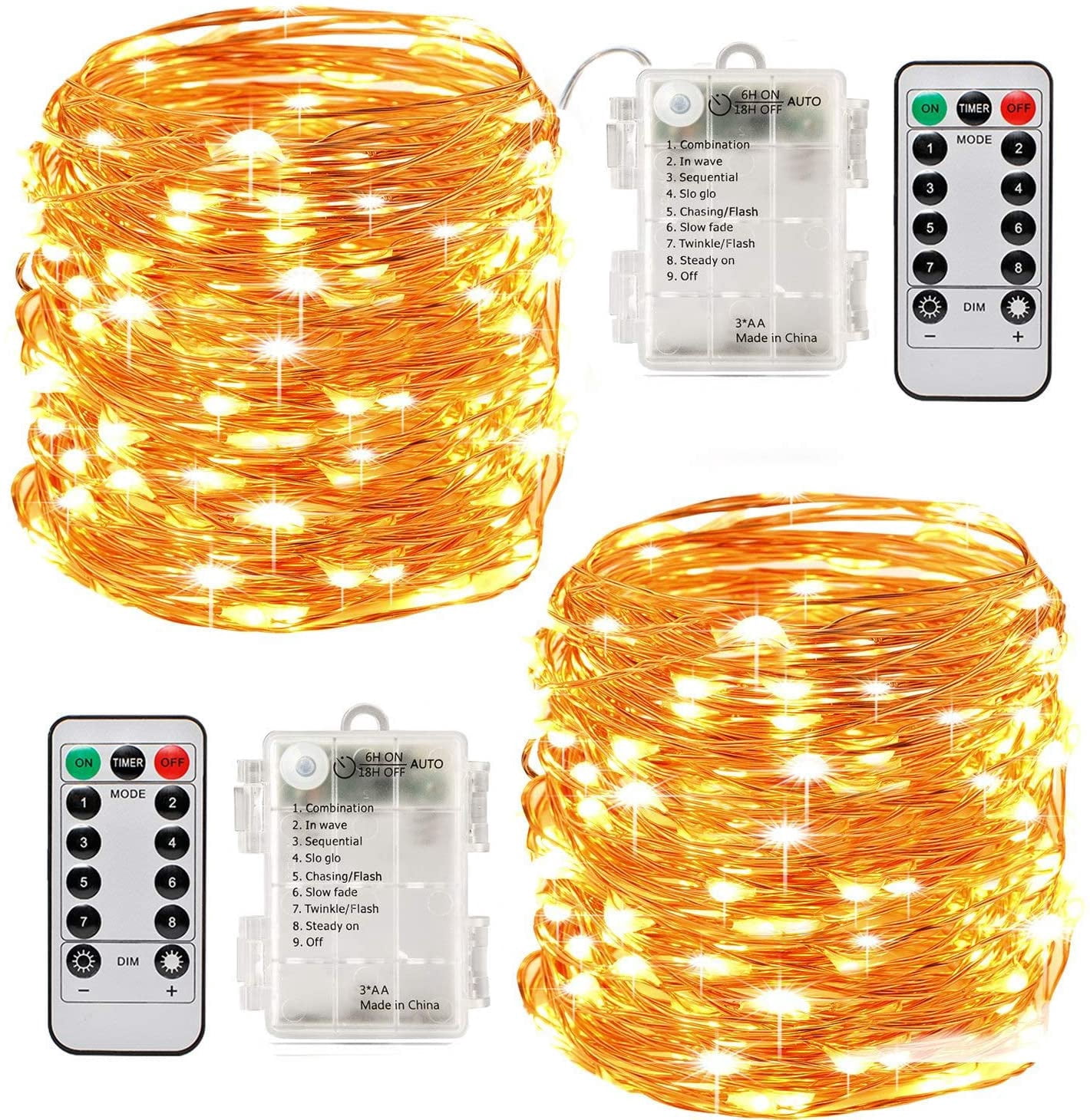 2 x10m Guirlande LED Lumineuse à Pile 100 LEDs Fonction Minuterie avec Télécommande IP65 Etanche Décoration intérieur et extérieur pour No?l Mariage Soirée Maison Jardin - Blanc Chaud