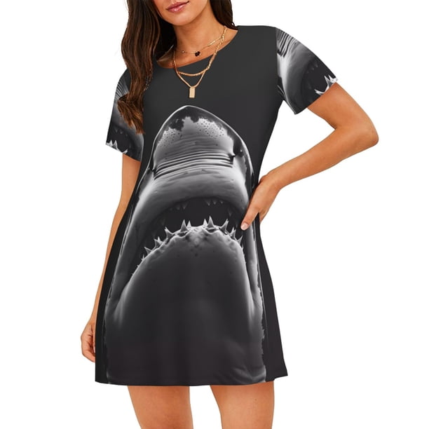 Fotbe Black And White Shark Bata de Dormir para Mujer con Estampado, Camisón de Algodón de Manga Corta, Ropa de Dormir Casual