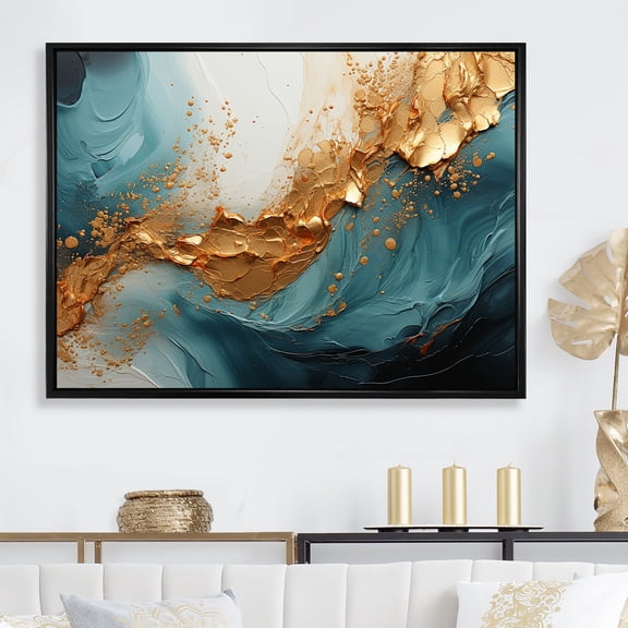 Designart "Ocean Spiral In Gold And Teal" Abstract Spirals Floater Framed Wall Art Prints