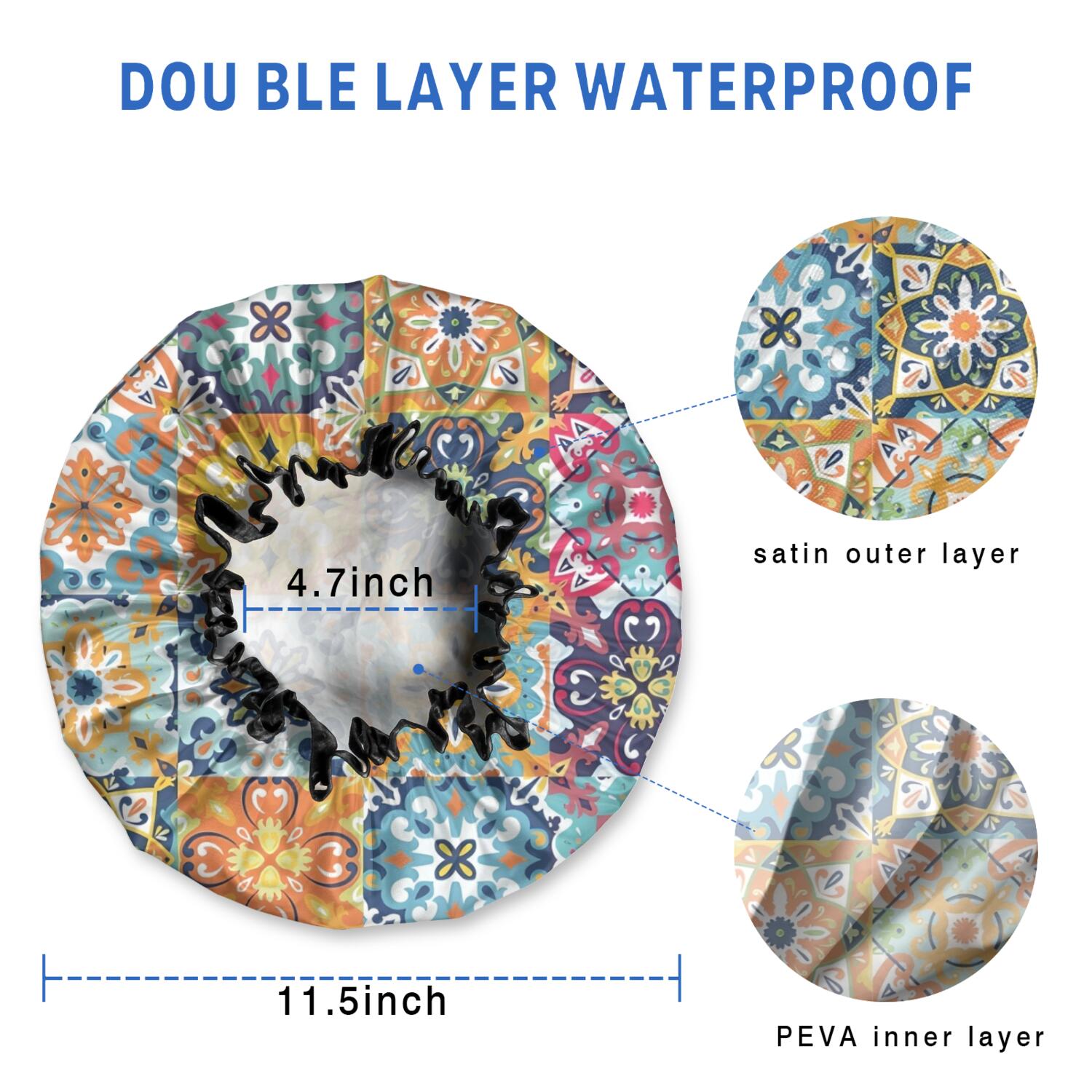 Shower Caps,Blue Boho Bohemia Floral Geometric Pattern Waterproof Shower Cap for Women 4 Pieces,Double Reusable Hair Cover for Shower PEVA Elastic Stretch Hem