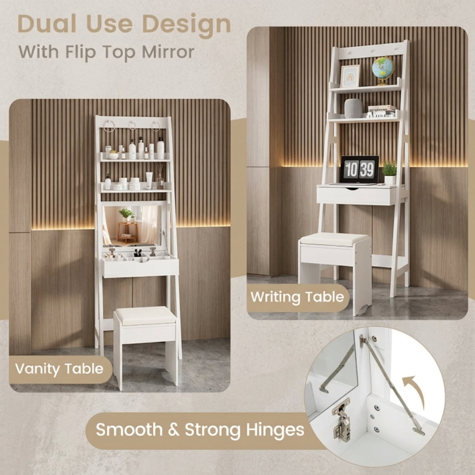 Furnibear Vanity Desk Set with Flip Top Mirror Hidden Storage Compartments and Cushioned Stool for Bedroom Makeup Dressing Room Vanity Desk, White