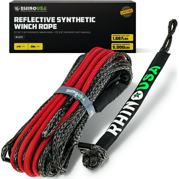 Rhino USA Synthetic Winch Line (1/4" x 50') for ATV/UTV - Winch Rope for use with UTV, Polaris, RZR, Can Am - Ultimate UTV Accesories