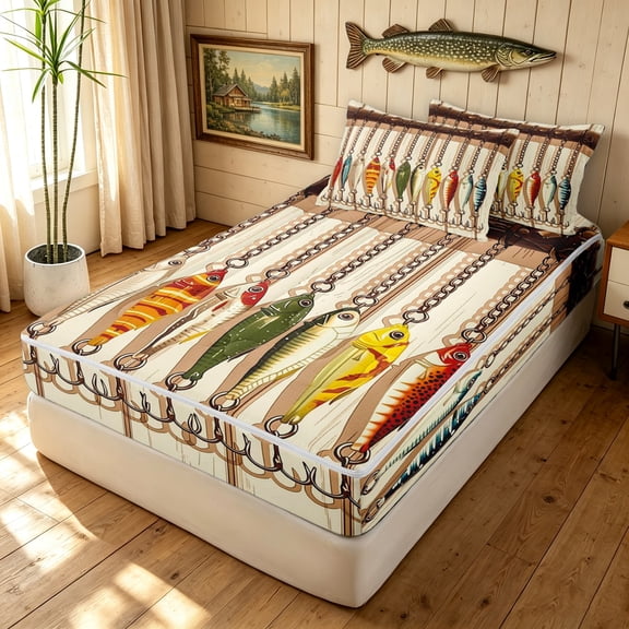 Manfei Retro Fishing Hook Zipper Twin Comforter Sets with Fitted Sheet and 2 Pillowcases, Rustic Farmhouse Zipper Bedding Set, Beige, Gray Reversible, 4pcs