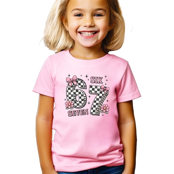 Six Seven Birthday Shirt for Girls with Pink Bows and Flowers Coquette Style Everyday T-Shirt Pink Shirt Youth Large