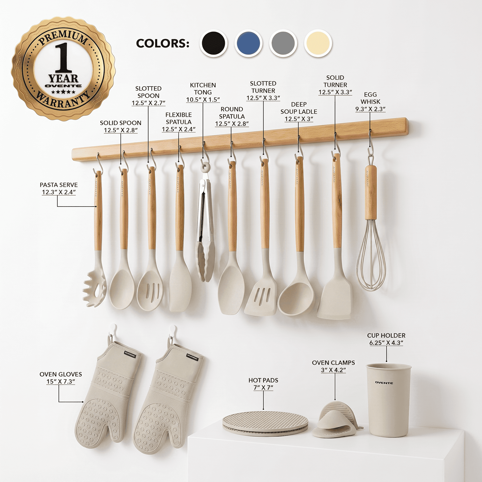 OVENTE Silicone Cooking Utensils Set, 17pcs, Heat Resistant, Cream SPS17CR | Kitchen Tools & Gadgets for Nonstick Cookware, BPA-Free Spatula Set with Wooden Handle, Cup Holder, Oven Gloves & Hot Pads
