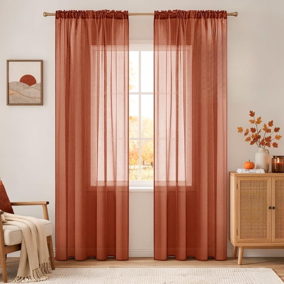 Boho Fall Terracotta Linen Textured Sheer Curtains 54W×84L 2 Panels