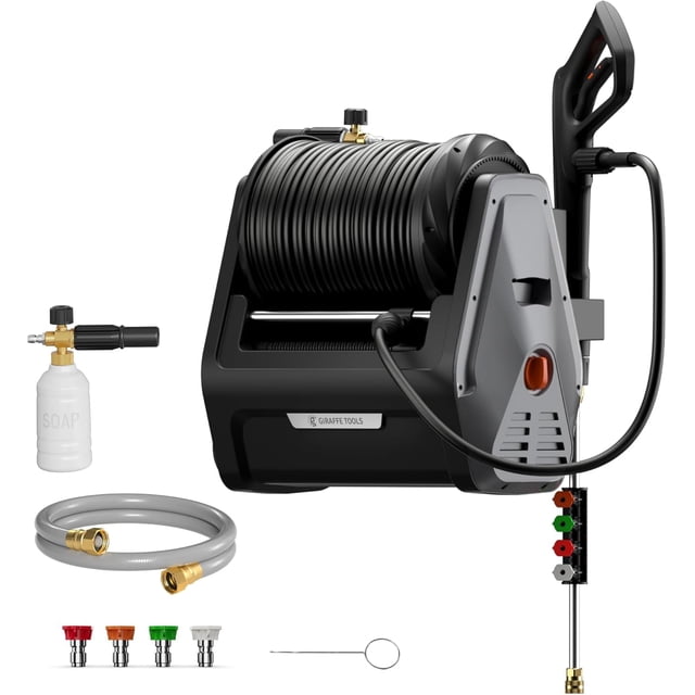 Hidrolavadora Giraffe Tools Grandfalls G30B, máx. 2900 PSI, 2.2 GPM, eléctrica de pared con mangueras de presión negras de 30 m, cañón de espuma, 4 boquillas para autos y entradas de vehículos, color