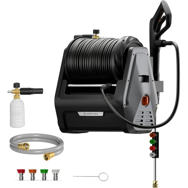 Hidrolavadora Giraffe Tools Grandfalls G30B, máx. 2900 PSI, 2.2 GPM, eléctrica de pared con mangueras de presión negras de 30 m, cañón de espuma, 4 boquillas para autos y entradas de vehículos, color