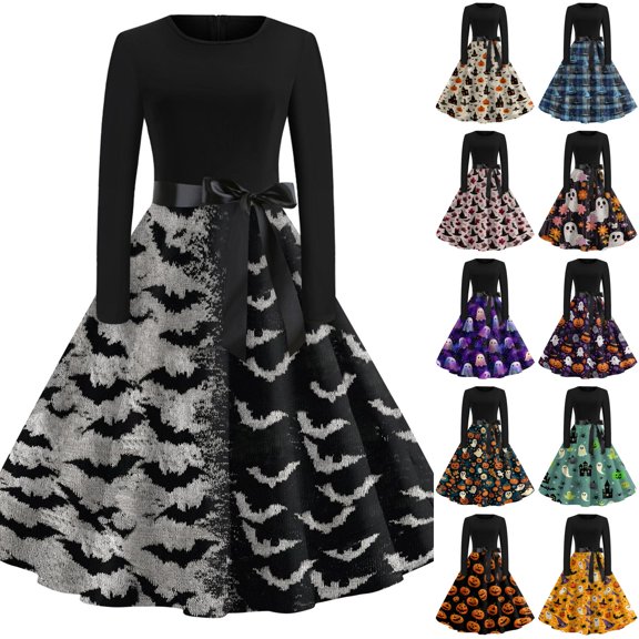 Women's Halloween Dress Candy Bat Long Sleeve 1950s Hepburn Casual Tea Length Dress Crew Neck Cocktail Retro Vintage Dress with Belt 5XL