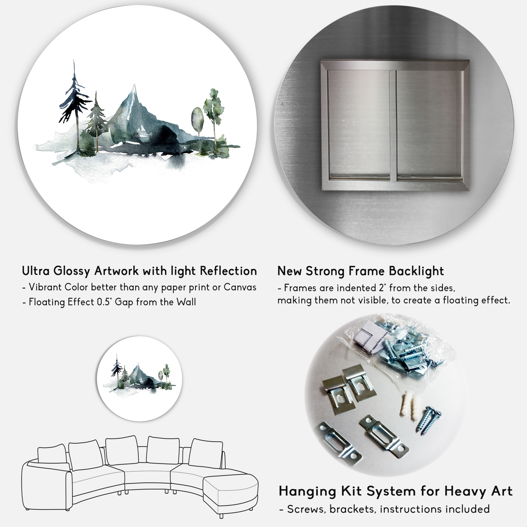 Designart 'Minimalistic Fir Forest and Winter Mountains II' Modern Circle Metal Wall Art 36x36 - Disc of 36