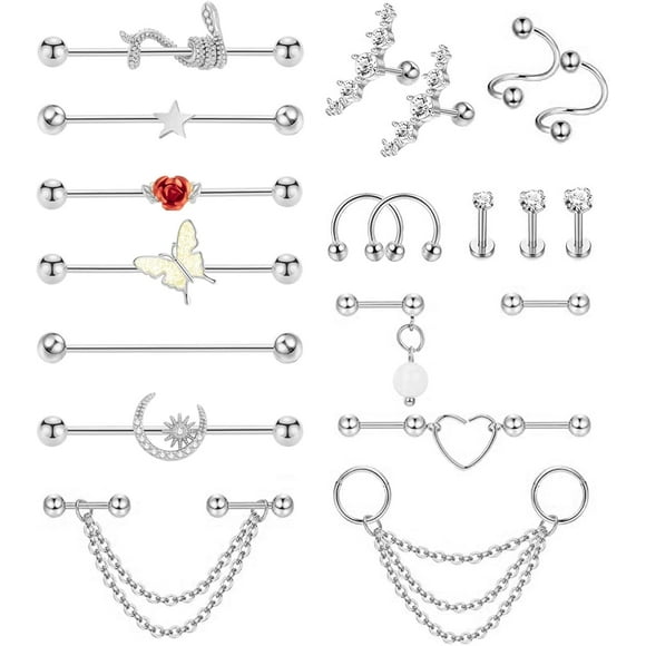 20Pcs 316L Stainless Steel Industrial Barbell Earring Cartilage Earring Helix Tragus Studs Conch Daith Piercing Jewelry Silver