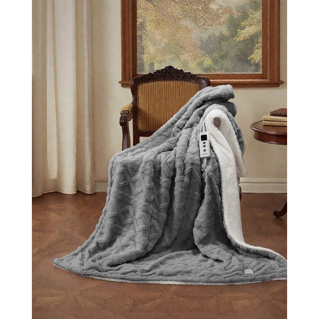COZONY 50*60inch Electric Heated Blanket - Dual Control w/10 Heating Levels & 10-Hour Timer, Thick Tufted Sherpa, Machine Washable,Gray