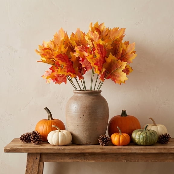 2 Pieces Artificial Maple Leaves 7 Branches Autumn Faux Leaf Decoration Fall Leaves for Thanksgiving Home Indoor Outdoor Kitchen Autumn Festival Table Centerpieces Decoration