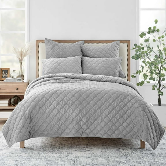 Levtex Home - Light Grey Velvet Quilt Set - Twin Quilt and One Standard Sham - Velvet - Light Grey - Quilt (68x86in.) and Sham (20x26in.) - Reversible - Polyester/Polyester