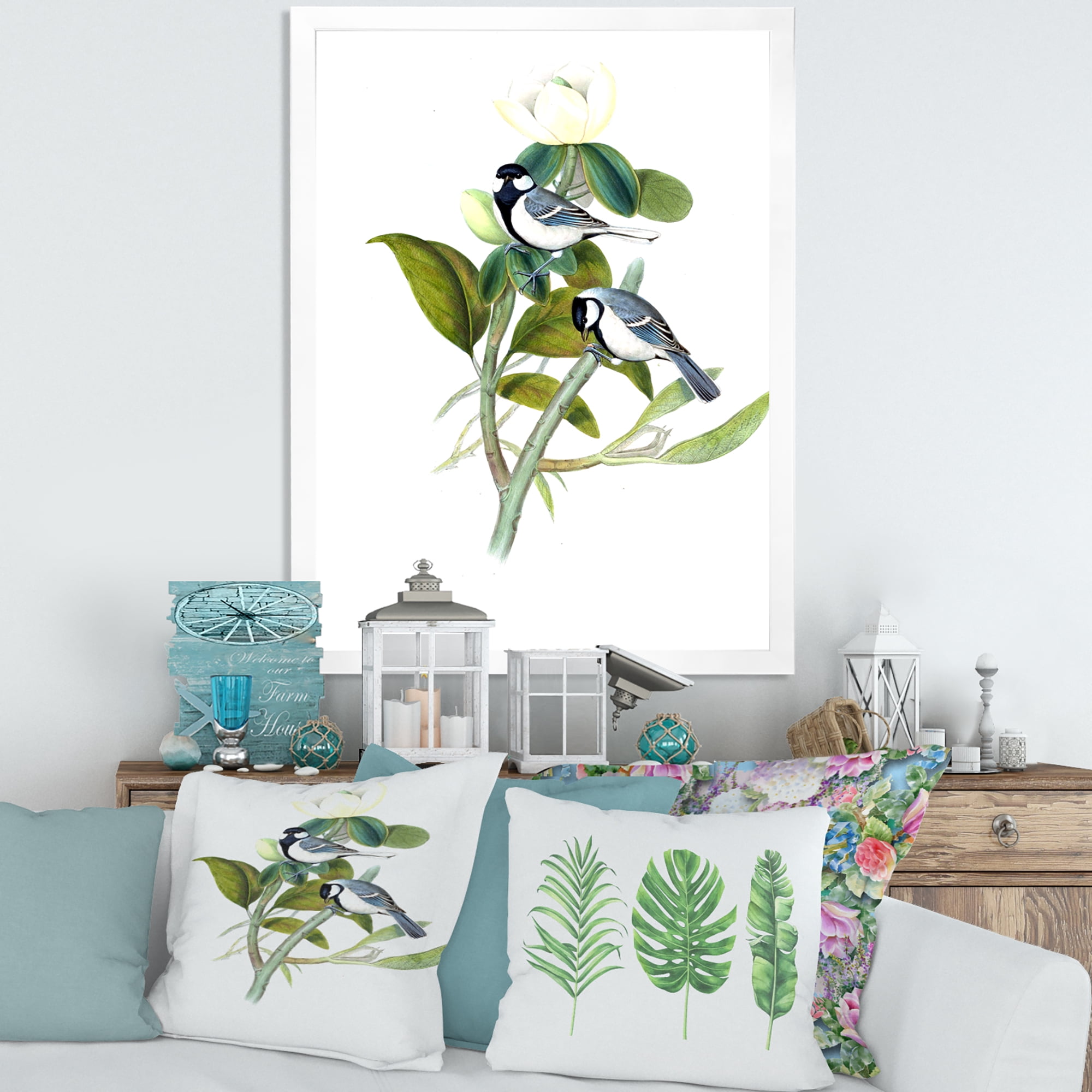 Designart 'Vintage Countryside Birds On Branch I' Farmhouse Framed Art Print