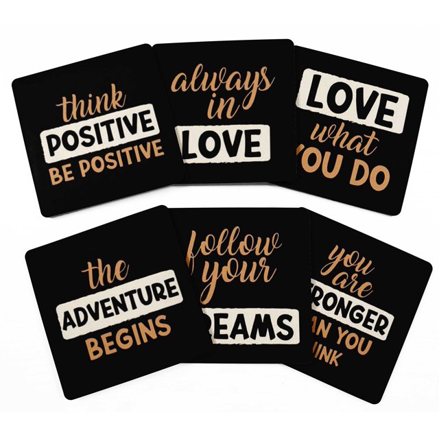 Inkdotpot Set of 6 Drink Coasters Easy Clean 4-inch SquareCoastersCork Base-Reusable- Quotes