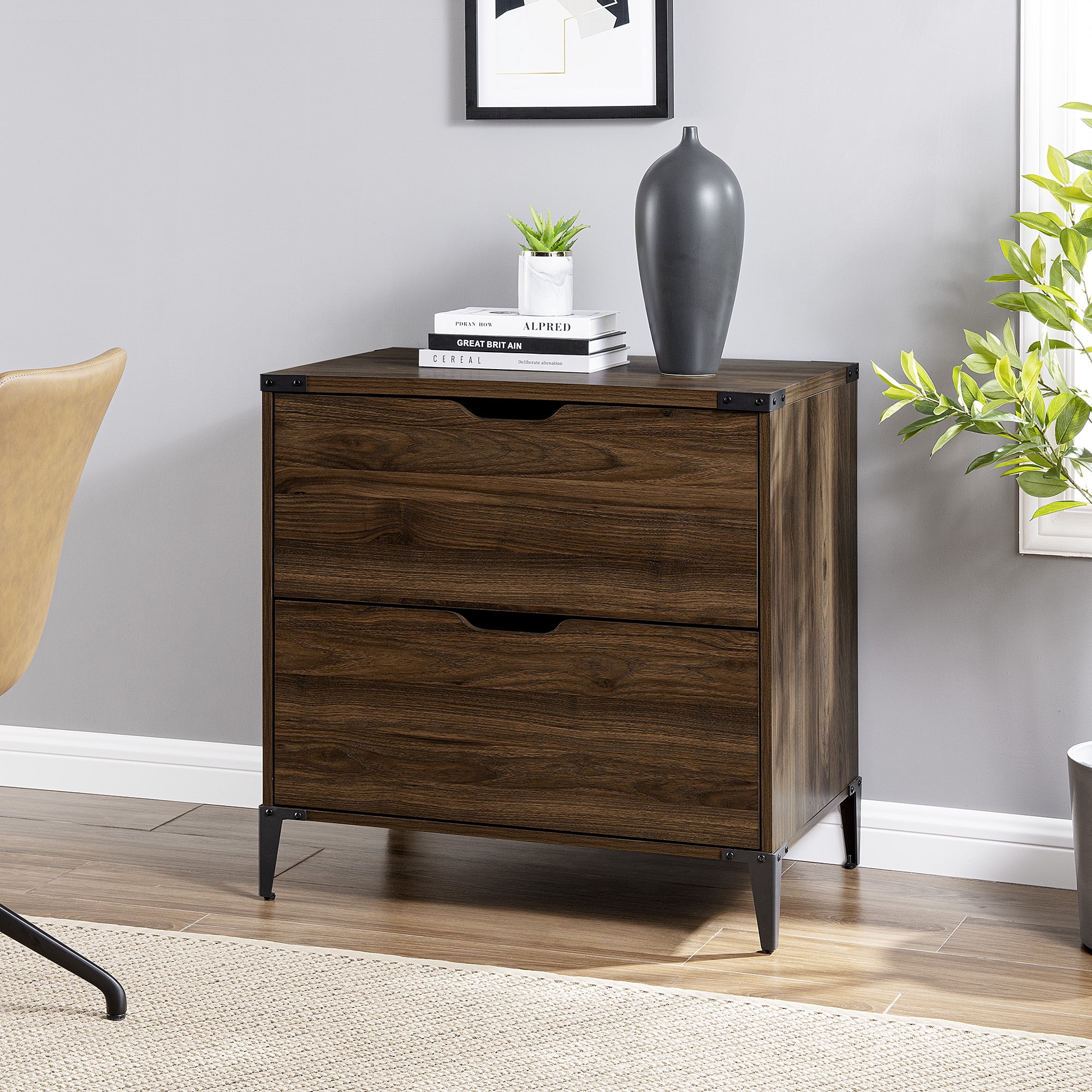 Walker Edison Modern Industrial 2-Drawer File Cabinet, Dark Walnut