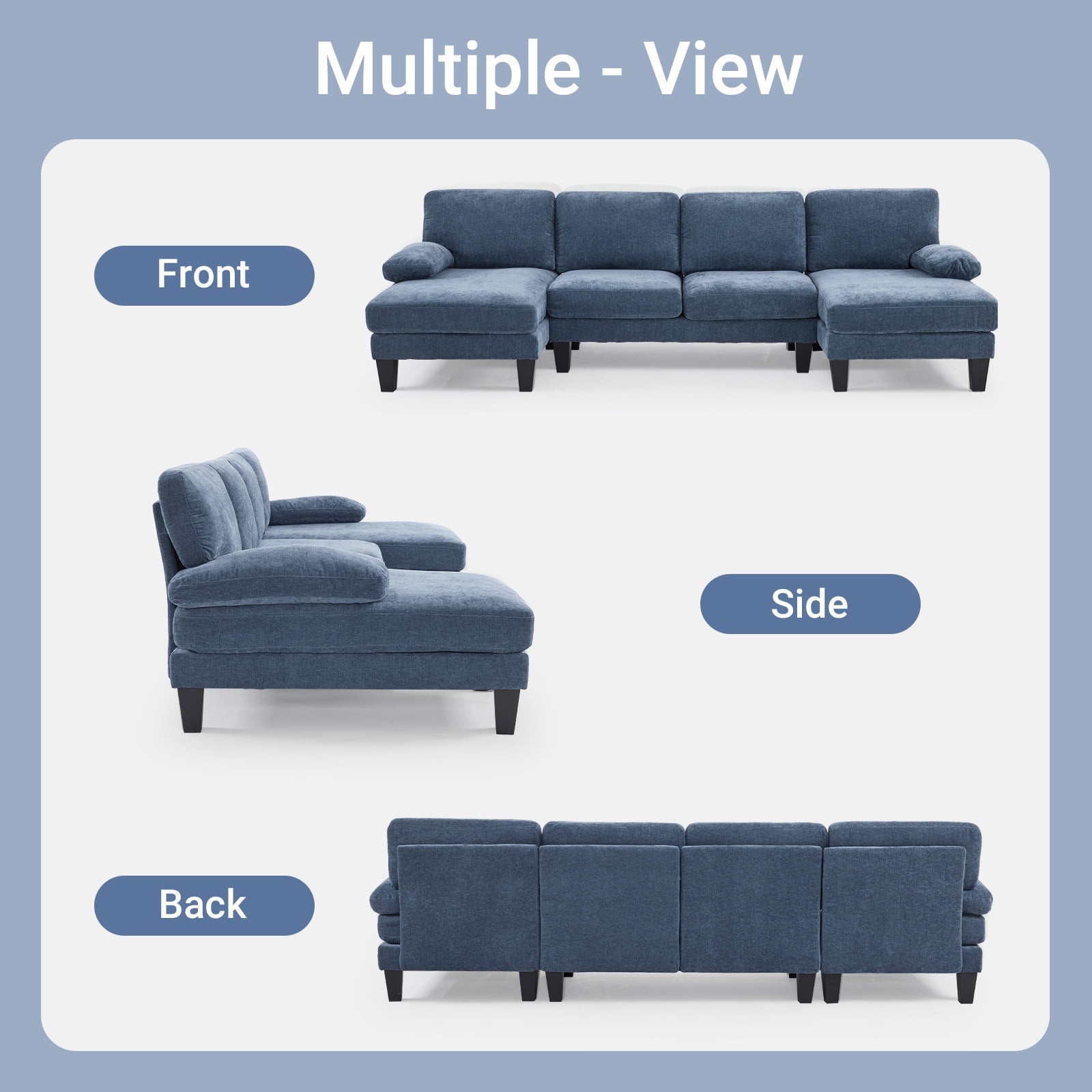 Ktaxon U-Shaped Sectional Sofa, 111"  Chenille Couch, 4 Seat Lounge Sleeper with Double Chaise for Living Room Blue