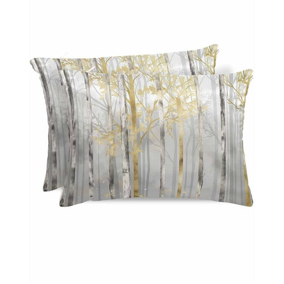 Hokiten King Size Pillow Cases Set of 2, Pillow Covers for Bed, Golden Grey Tree Satin Pillowcases with Zipper for Hair/Skin, Pillow Protector Cover, Oil Painting Forest Abstract Art 20x36 Inches