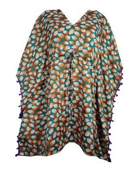Mogul Womens Beach Sari Caftan Tunic Blouse With Pom Pom Green Orange Printed Summer Kimono Dresses XL