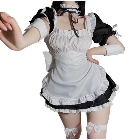 Pisexur Maid Cosplay Dress Sets Fashion Short Sleeve Bodycon Midi Dress Womens Cosplay Costume Outfit Halloween Christmas Dresses Apparel