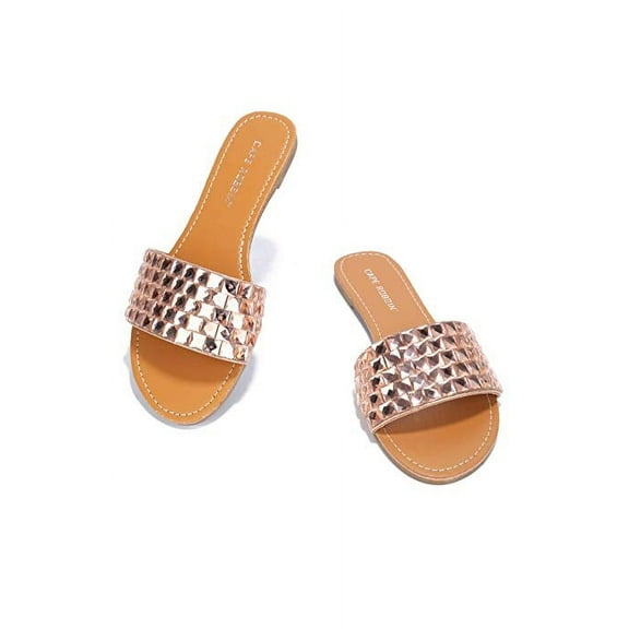 Cape Robbin CRYSTAL COVE FAUX JEWEL BAND FLAT SLIP ON SLIDE SANDAL-ROSEGOLD (Rose Gold, 6)