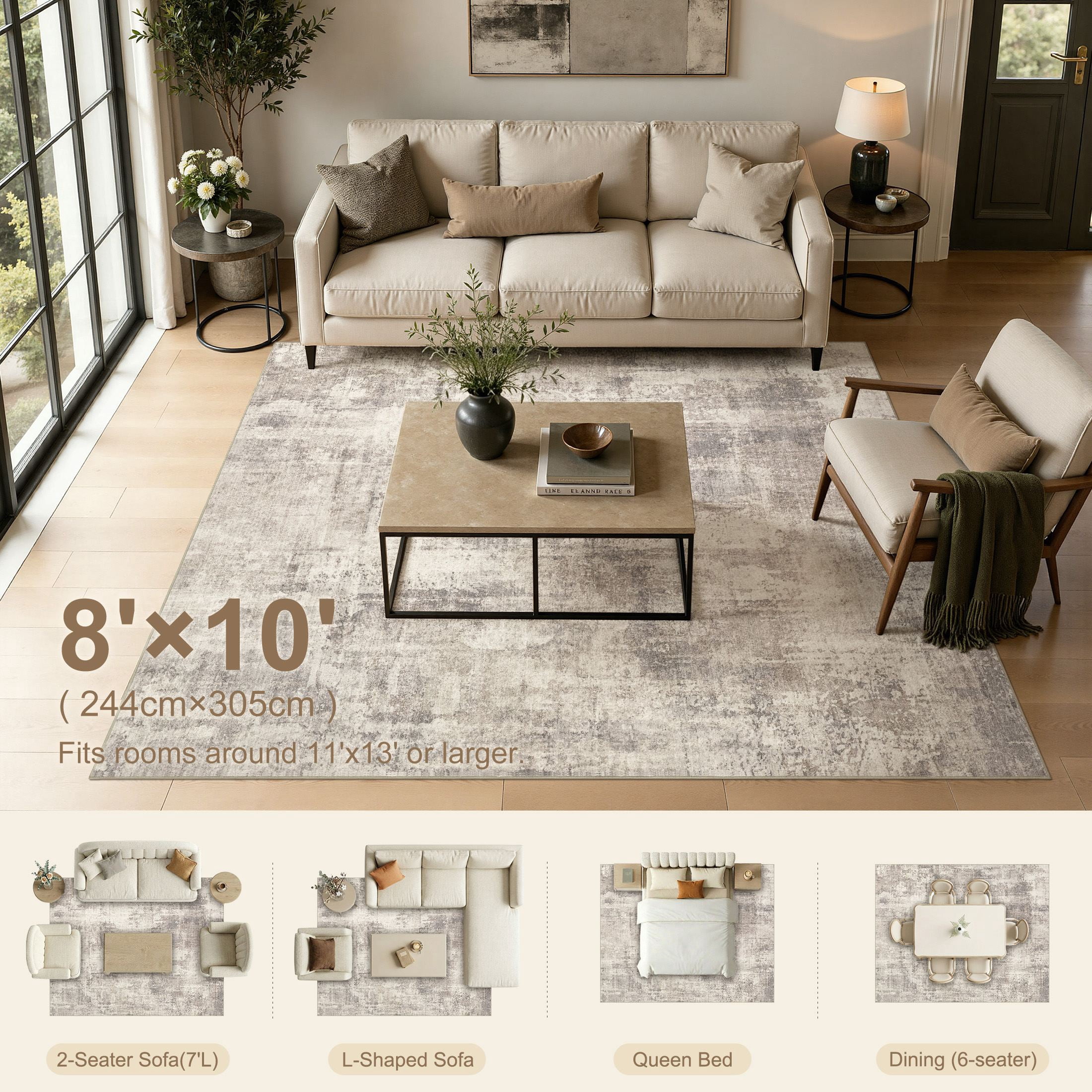 MICGEEK 8'x10' Abstract Area Rugs for Living Room, Stain Resistant Washable Rugs with Non-Slip Backing, Modern Carpet for Bedroom Dining Room Office Throw Rugs, Brown