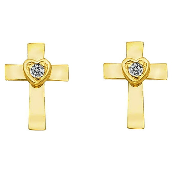 Precious Stars 14K Yellow Gold Cubic Zirconia Cross Screwback Earring Studs