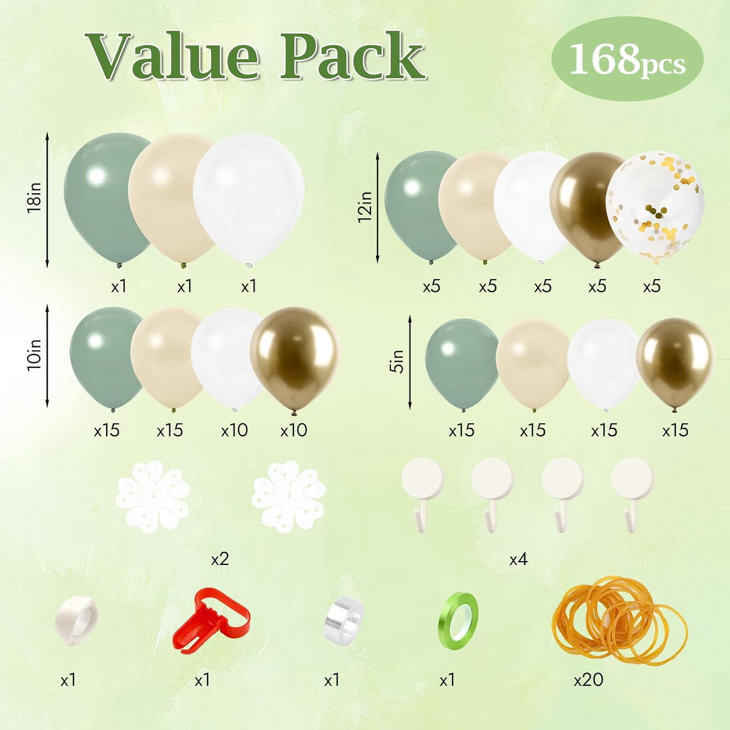 Sage Green Balloon Arch Kit, 168 Pcs Olive Green Balloon Garland, 18 12 10 Inch Confetti Gold Metallic Latex Balloons for Baby Shower Bridal Shower Birthday Wild One Party Decorations