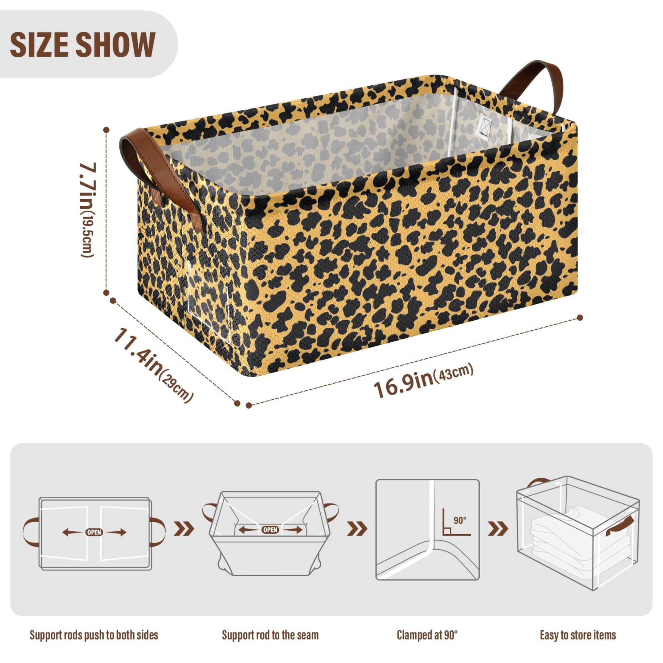 Black Leopard Print Collapsible Storage Bins Fabric Shelf Baskets with Handles 16.9"x11.4"x7.7" Closet Organizer