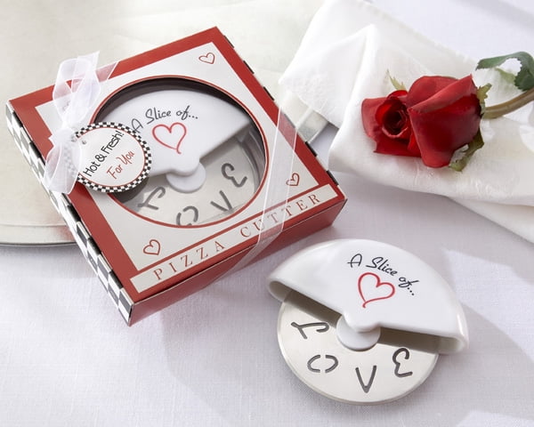 "A Slice of Love" Stainless-Steel Pizza Cutter in Miniature Pizza Box Set of 12 by Kate Aspen