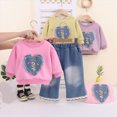 thumbnail image 5 of Toddler Girls Outfits 9 12 18 24 Months 2T 3T 4T 5T Girls Fall Winter Clothes Toddler Girls Ruffle Long Sleeve Cute Top Jeans Bell-bottomed Pants 2PCS Set Light Purple Size 1-2 Years, 5 of 5