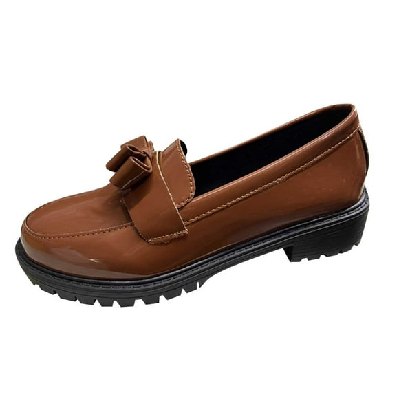 LOVZFMLL Women's Shoes Trendy Classic Patent Leather Comfort Casual Closed Round Toe Slip On Bow-Knot Dress Loafers Brown 8